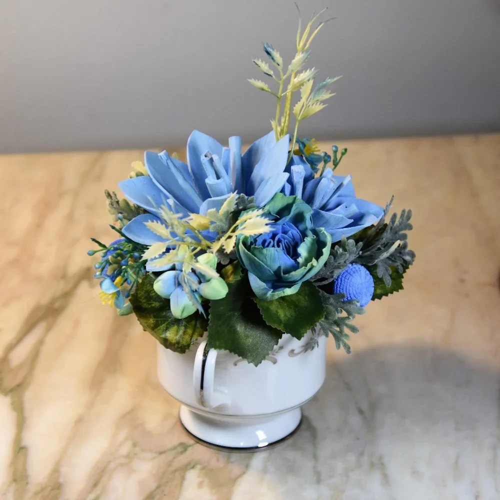 Vintage Sango sugar bowl filled with Sola flowers airbrushed in soothing blues